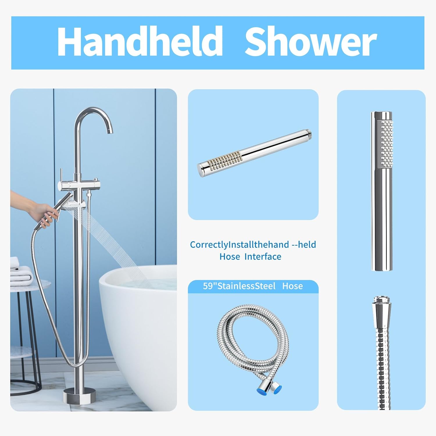 Freestanding Bathtub Faucet,Tub Filler Floor Mount Stand Bathtub Faucet Brass Bathroom Tub Faucets with 2 Function Hand Shower Wand Swivel Polished Chrome