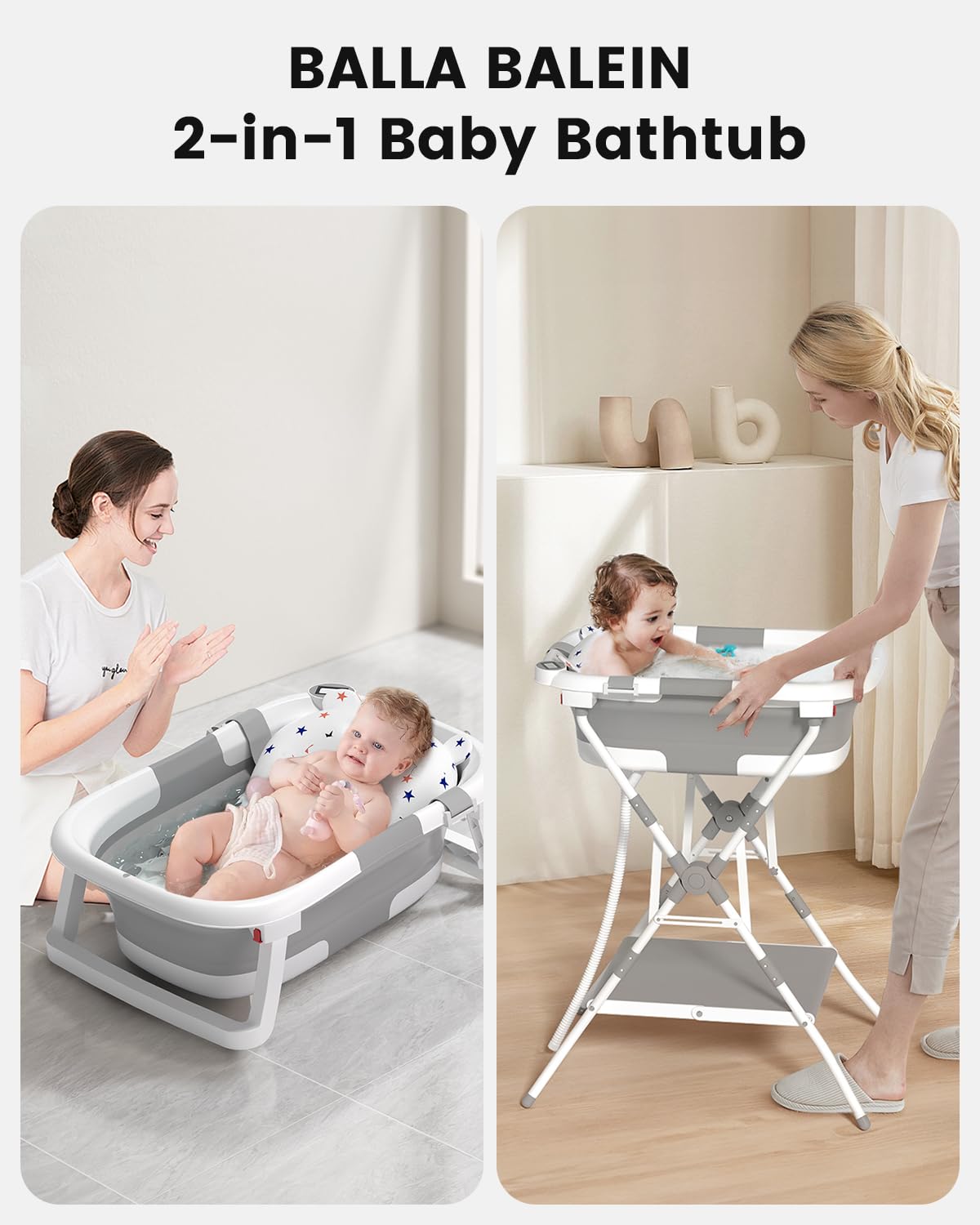 Baby Bathtub with Stand, 2-in-1 Collapsible Bath Tubs for Newborn to Toddler, Infant Bathtub with Folding Stand, Portable Bathtub for Baby Including Soft Cushion, Storage Pad (Gray)