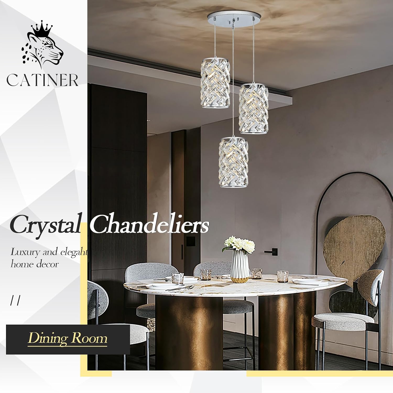 CATINER 3-Light Modern Crystal Pendant Light, Chrome Mini Chandelier – Adjustable Cluster Pendant Lighting Fixture for Kitchen Island, Dining Room, Bedroom, Hallway, Porch