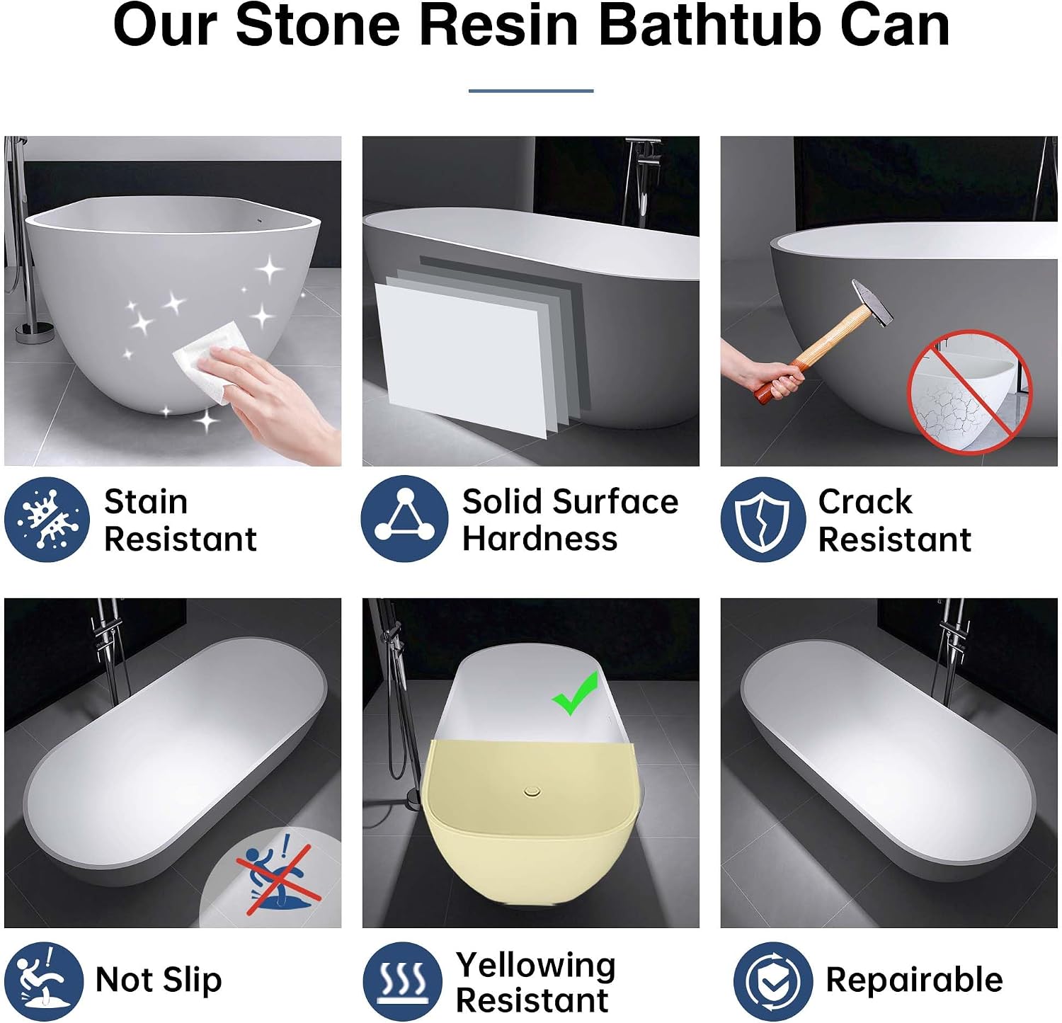 Oval 69' Freestanding Tub, Solid Surface Bathtub Matte White | Modern Stand Alone Bathtub, Stone Resin Free Stand, Contemporary Soaking Tub with Pop-Up Drain and Overflow
