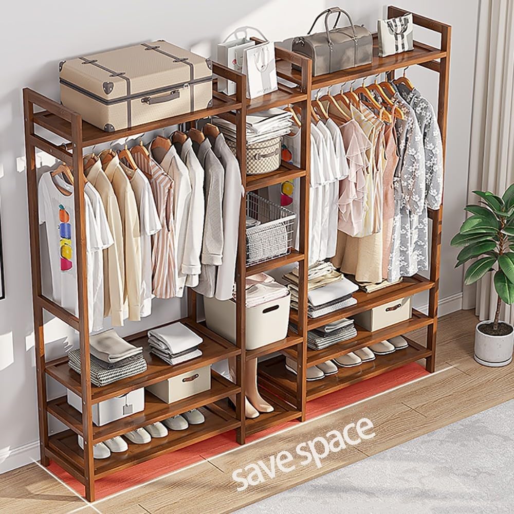 Floor-Standing Solid Wood Rotating Coat Rack，Natural Bamboo Coat Rack Stand with Hanging Rod, 2 Shelves & Hooks - Freestanding Garment Rack for Bedroom, Hallway & Entryway - Eco-Friendly, St