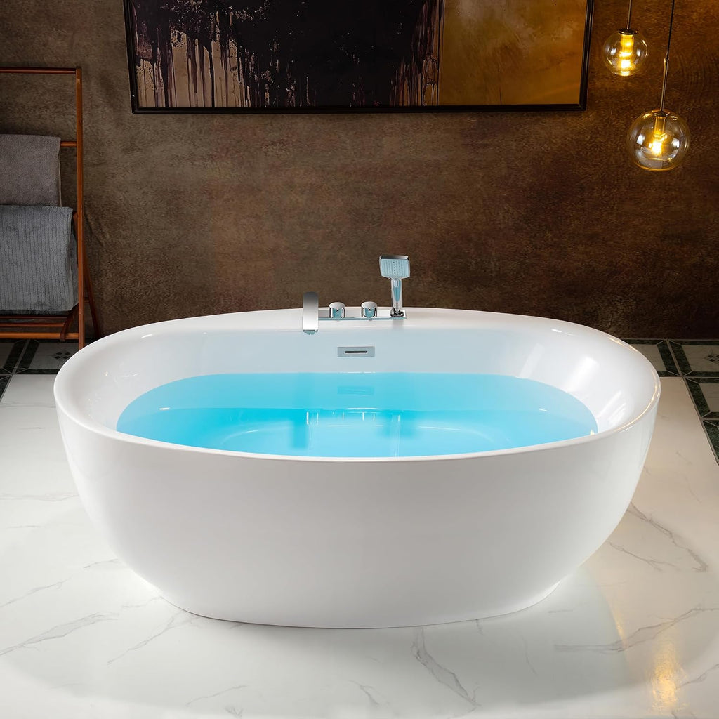 WOODBRIDGE 66' Acrylic Freestanding Bathtub Contemporary Soaking White Tub with Brushed Nickel Overflow & Drain and Faucet,B0027-BN