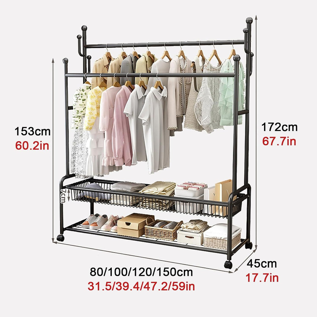Portable Clothes Rack For Hanging Clothes,Metal Garment Rack With Storage Shelves And Coat/Hat Hooks,Freestanding Clothing Organizer,For Bedroom Living Room,Black/Gold(Black,100cm(39.4in))