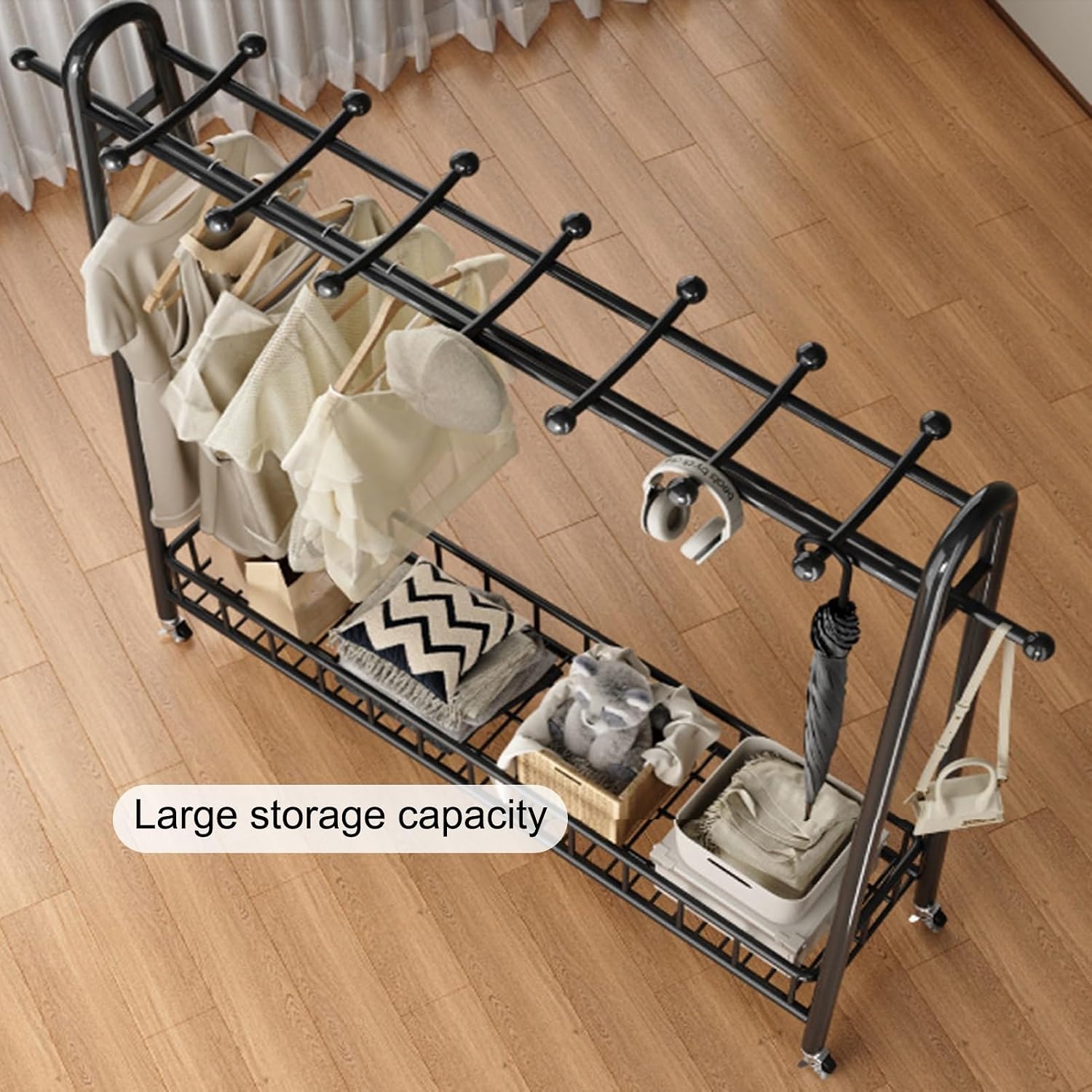 Clothing Rack for Hanging Clothes, Clothes Rack, Rolling Garment Rack, Clothing Rack with Bottom Mesh Storage Shelf, Freestanding Wardrobe Storage Rack Metal Clothing Rack(Black,100cm/39.4in)
