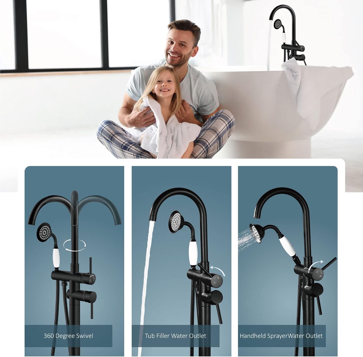 Aolemi Floor Mount Bathtub Faucet Freestanding Tub Filler Standing High Flow Shower Faucets with Ceramic Handheld Matte Black