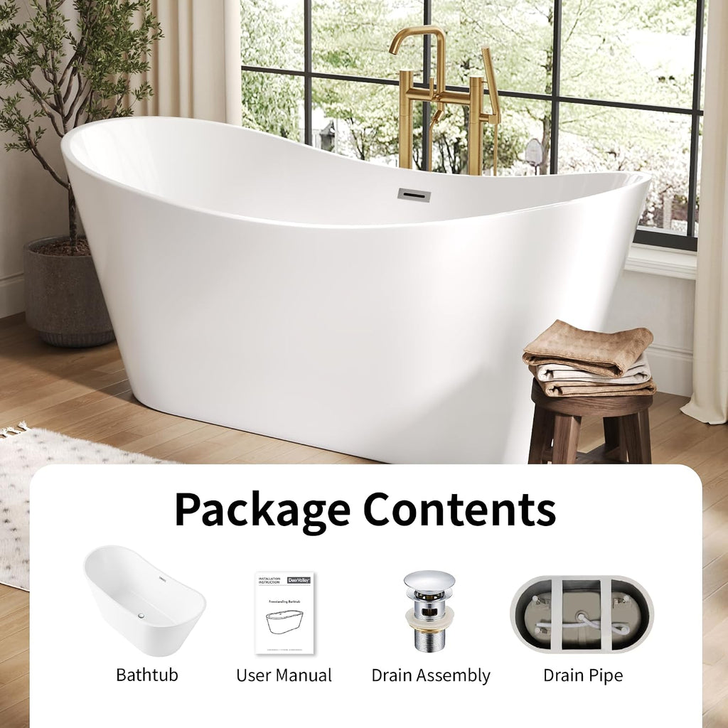 DeerValley 67' Freestanding Bathtub, Acrylic Soaking Tub with Center Drain & Integrated Overflow, Modern Standalone Shower Tub White, Deep Soaker, Ergonomic Design
