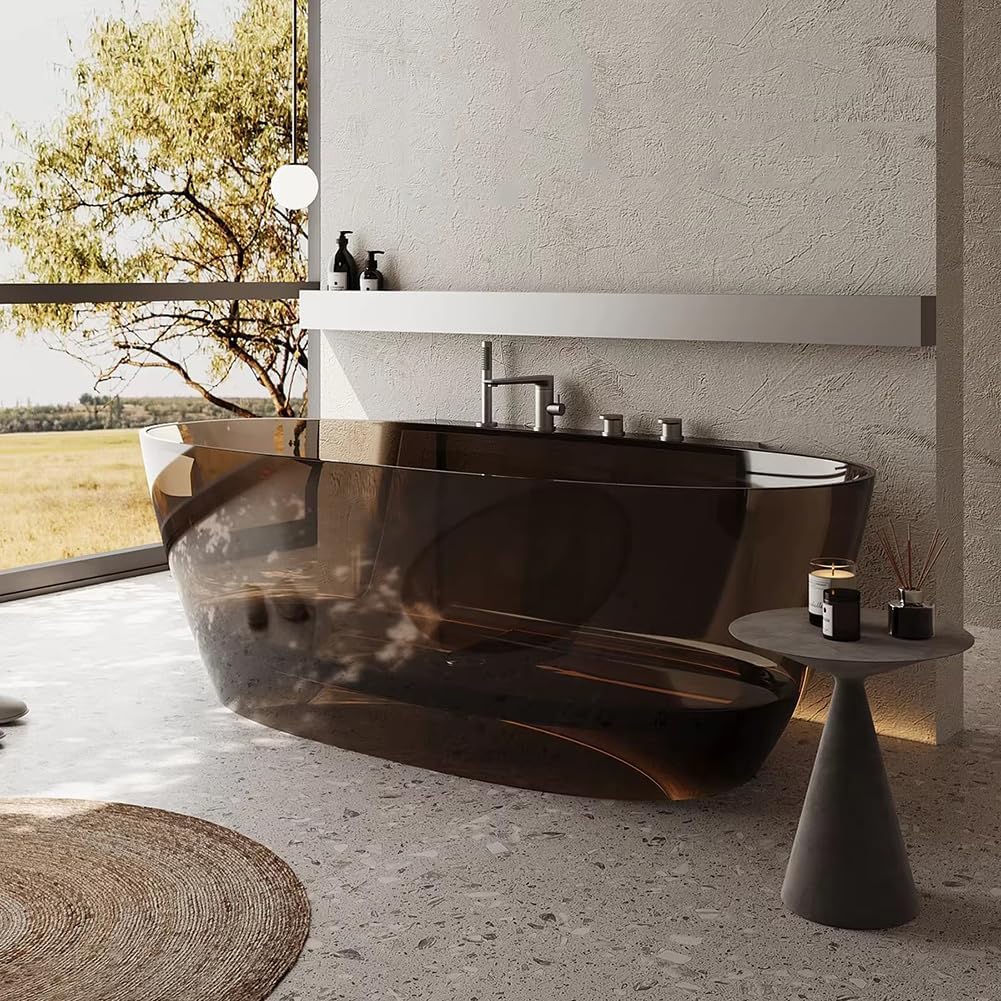 Ergonomic Luxury Spa Bathtub, Oval-Shaped Transparent Resin Tub with Drain, Handcrafted Extra-Deep Tub, Modern Spa Bathroom, 55-70 Inches,A l160cm
