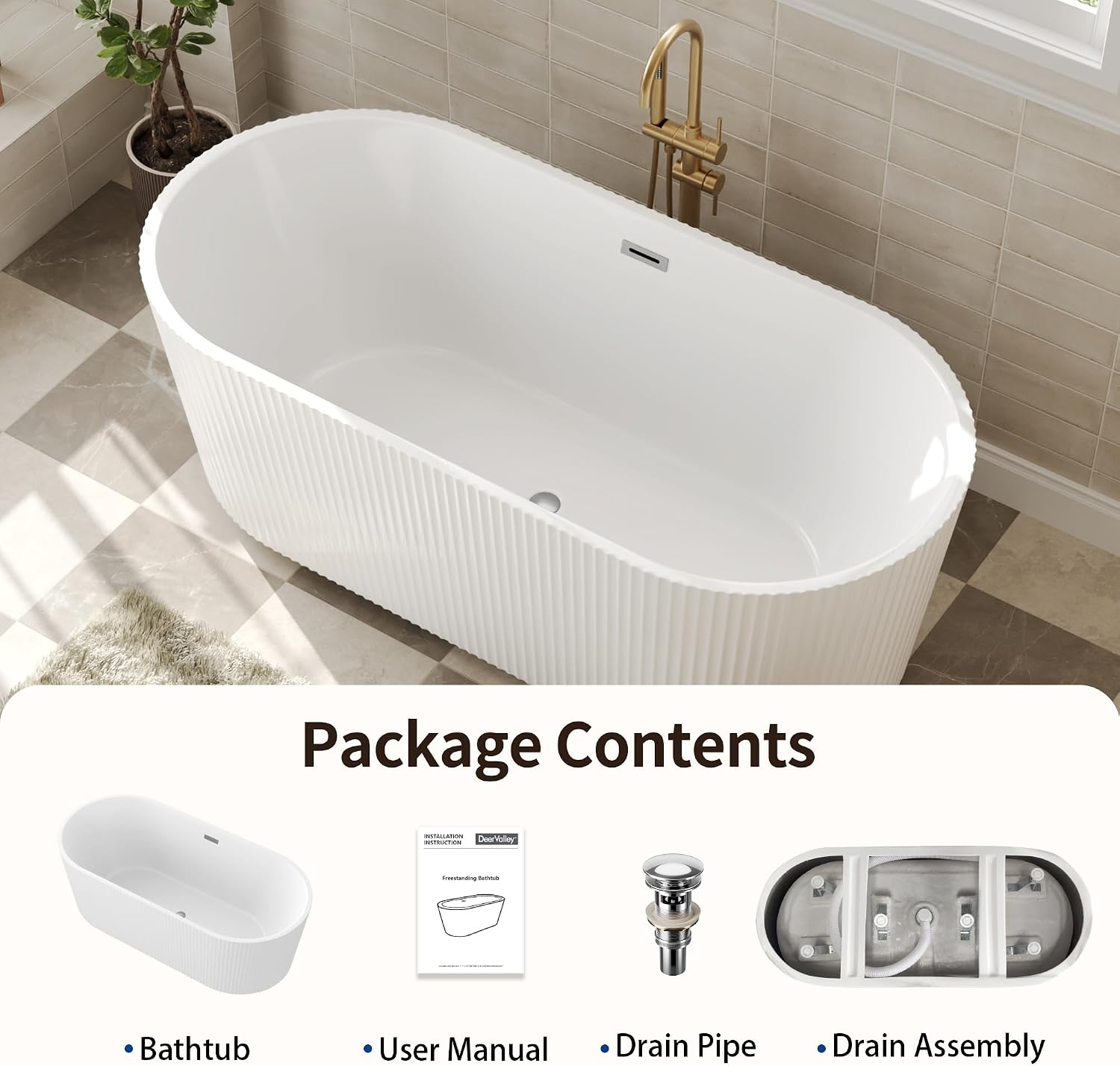 DeerValley 67' Acrylic Freestanding Bathtub, Easy Install Standalone Deep Soaking Tub with Fluted Design, Modern Ergonomic Shower Tub with Center Drain in White, DV-1T0583