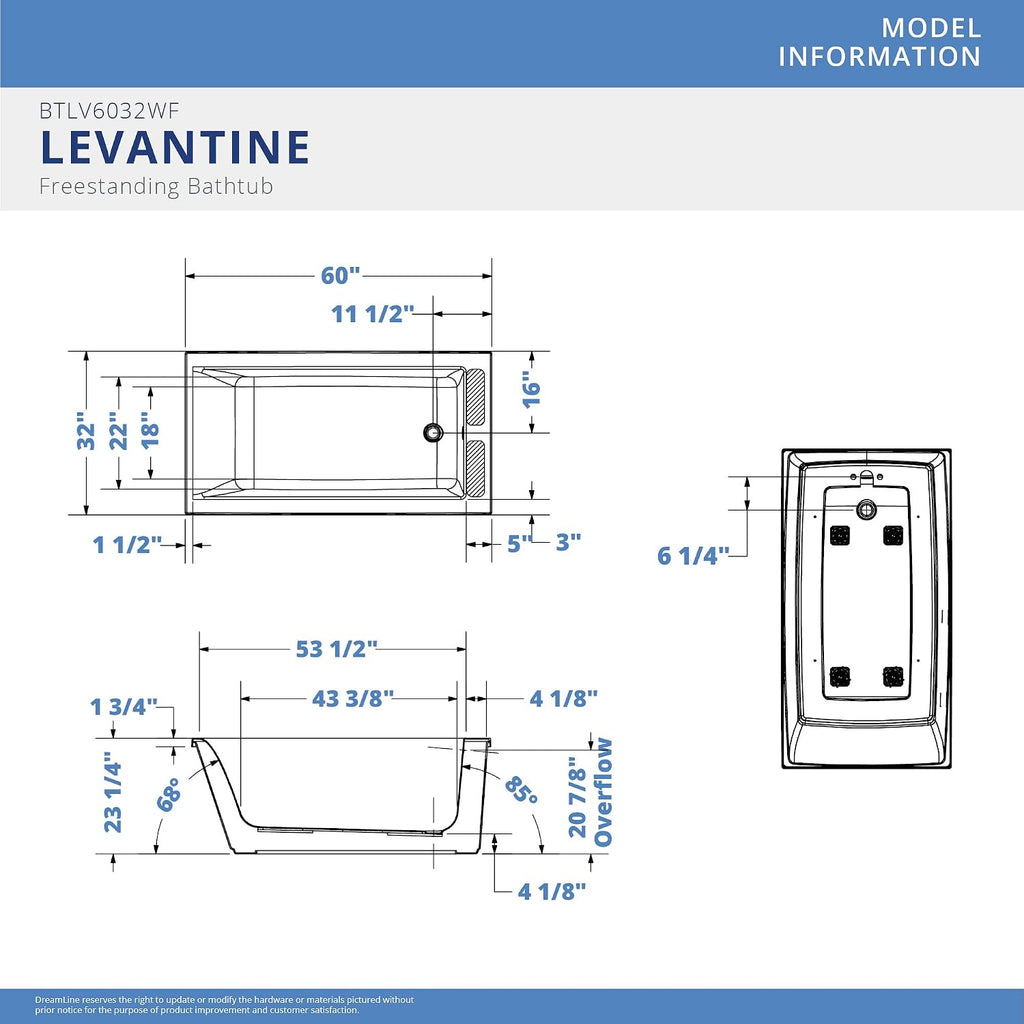 DreamLine Levantine 60 inch L x 23 inch H White Acrylic Freestanding Bathtub