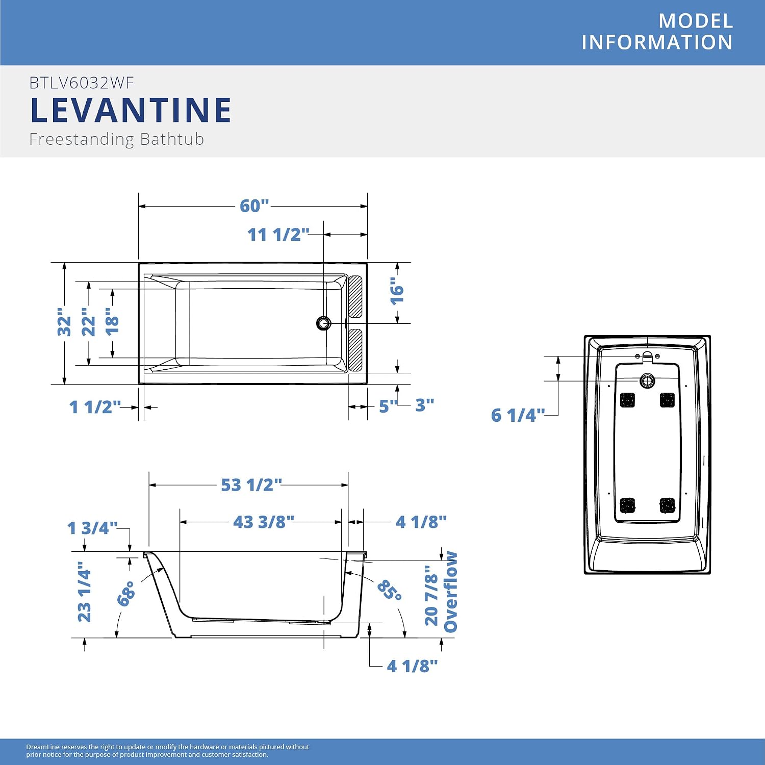 DreamLine Levantine 60 inch L x 23 inch H White Acrylic Freestanding Bathtub
