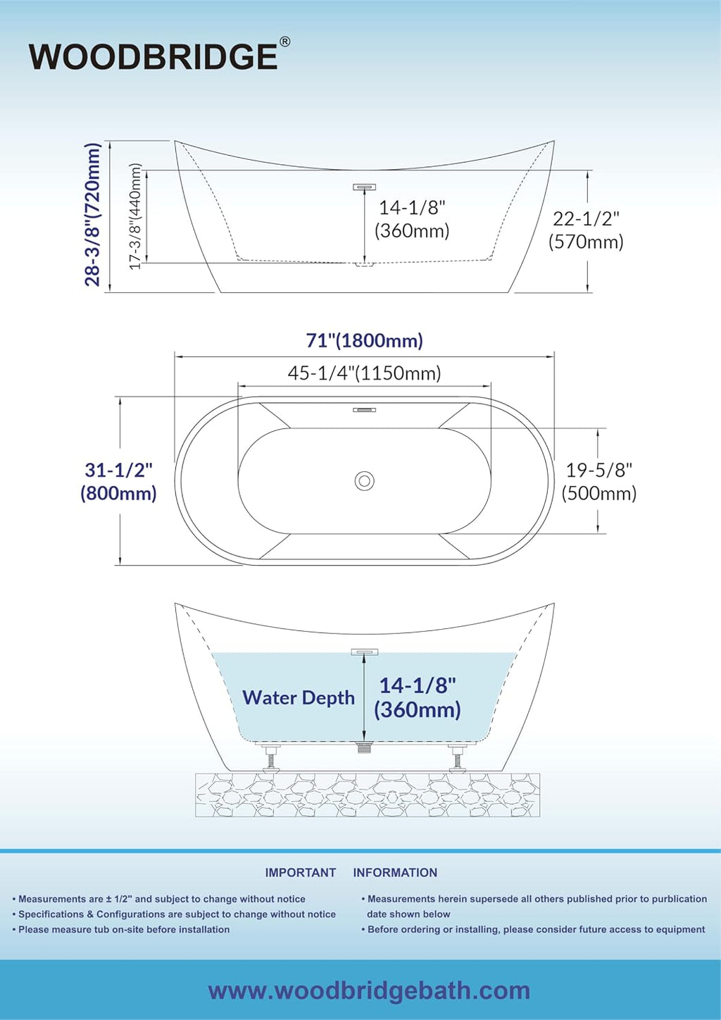 WOODBRIDGE 71' L x 31-1/2' W Freestanding Contemporary Acrylic Soaking Bathtub in Glossy Black Inside and Outside with Matte Black Drain & Overflow, Black, B8817-MB