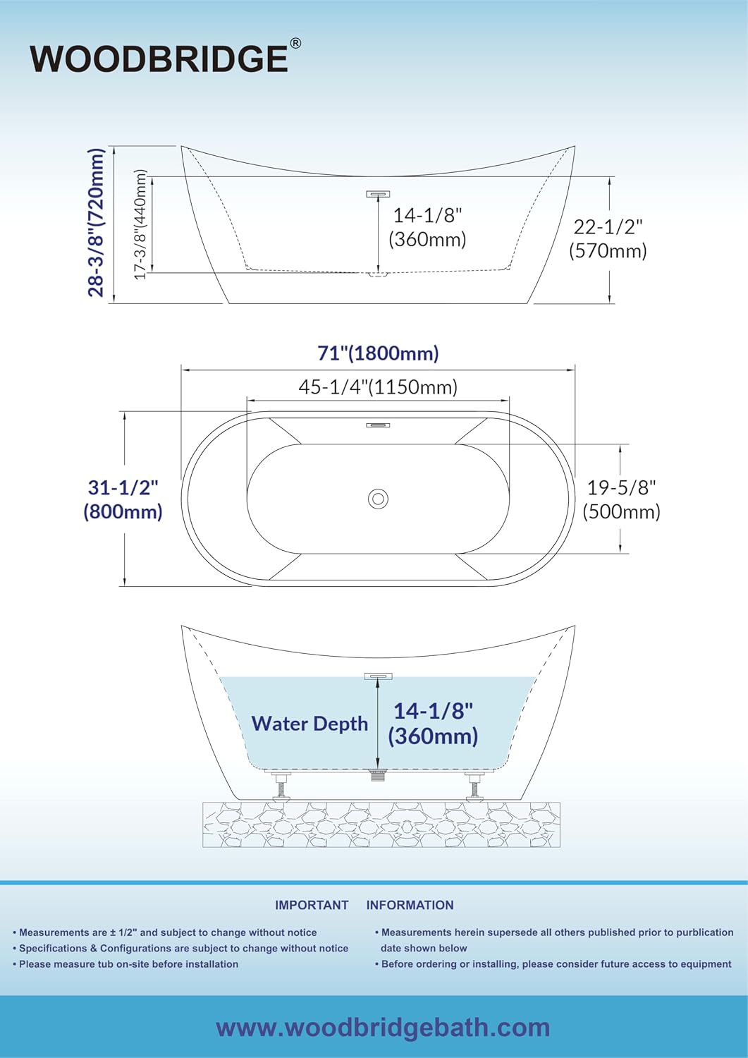 WOODBRIDGE 71' L x 31-1/2' W Freestanding Contemporary Acrylic Soaking Bathtub in Glossy Black Inside and Outside with Matte Black Drain & Overflow, Black, B8817-MB