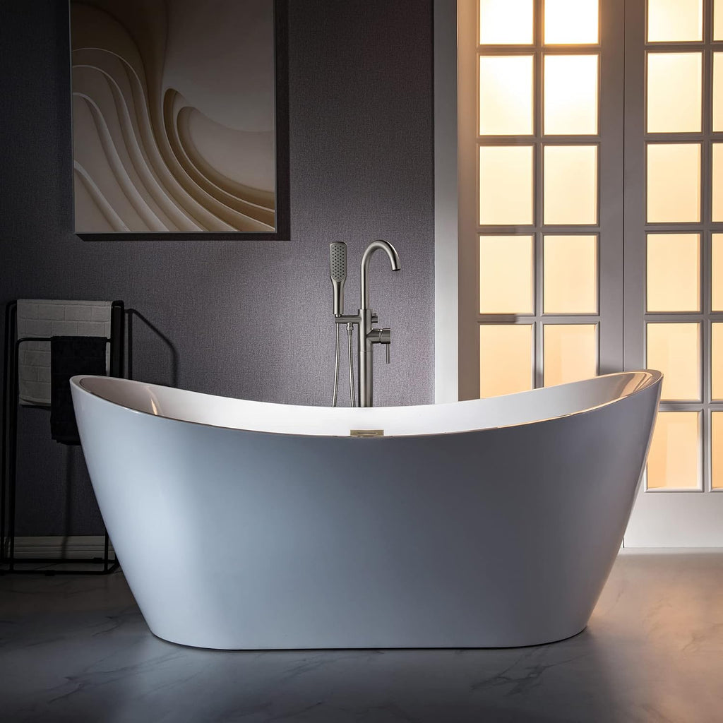 WOODBRIDGE High Flow Rate 8 GPM Freestanding Tub Filler Faucet with Hand Shower, Brushed Nickel,F0023BNSQ