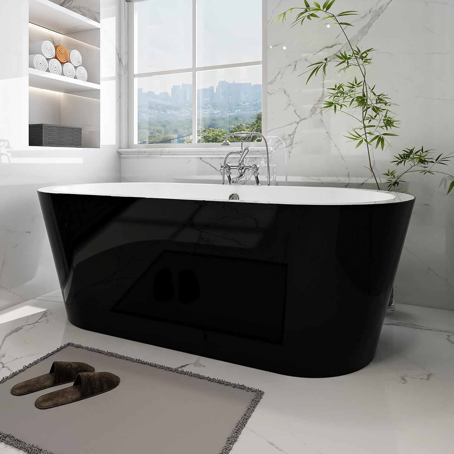 HomeBeyond 68 Inch Black Freestanding Bathtub | Acrylic Free Standing Soaking Tub, Morden Bathroom Stand Alone Tub Suitable for 1-2 Person Bathing