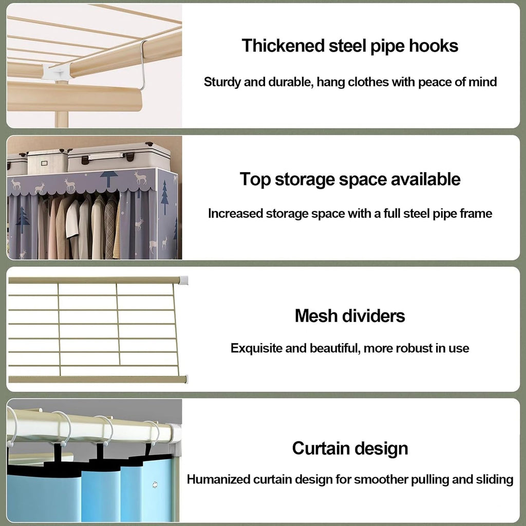 Foldable Wardrobe Closets With Cover, Metal Freestanding Clothing Rack, Portable Garment Rack With Hanging Rods, Quick And Easy To Assembly, For Bedroom(Blue 1,190cm/74.8inch)