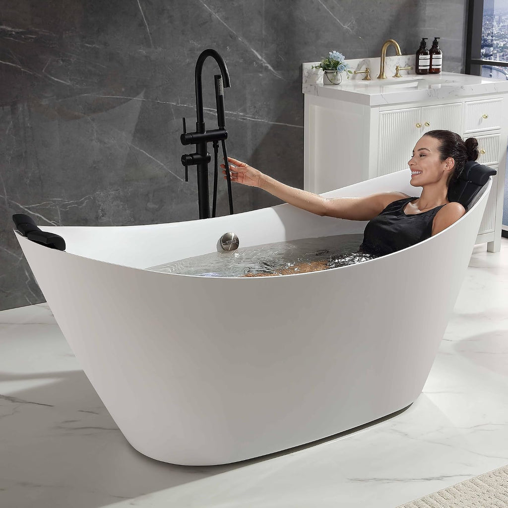 Empava Upgrade Acrylic Whirlpool Bathtub, 67-Inch Freestanding Boat Shaped Jetted Bathtub with Healing Chromotherapy, 18 Hydromassage Jet, Double-Ended Massage Bathtub with Two Black Pillows