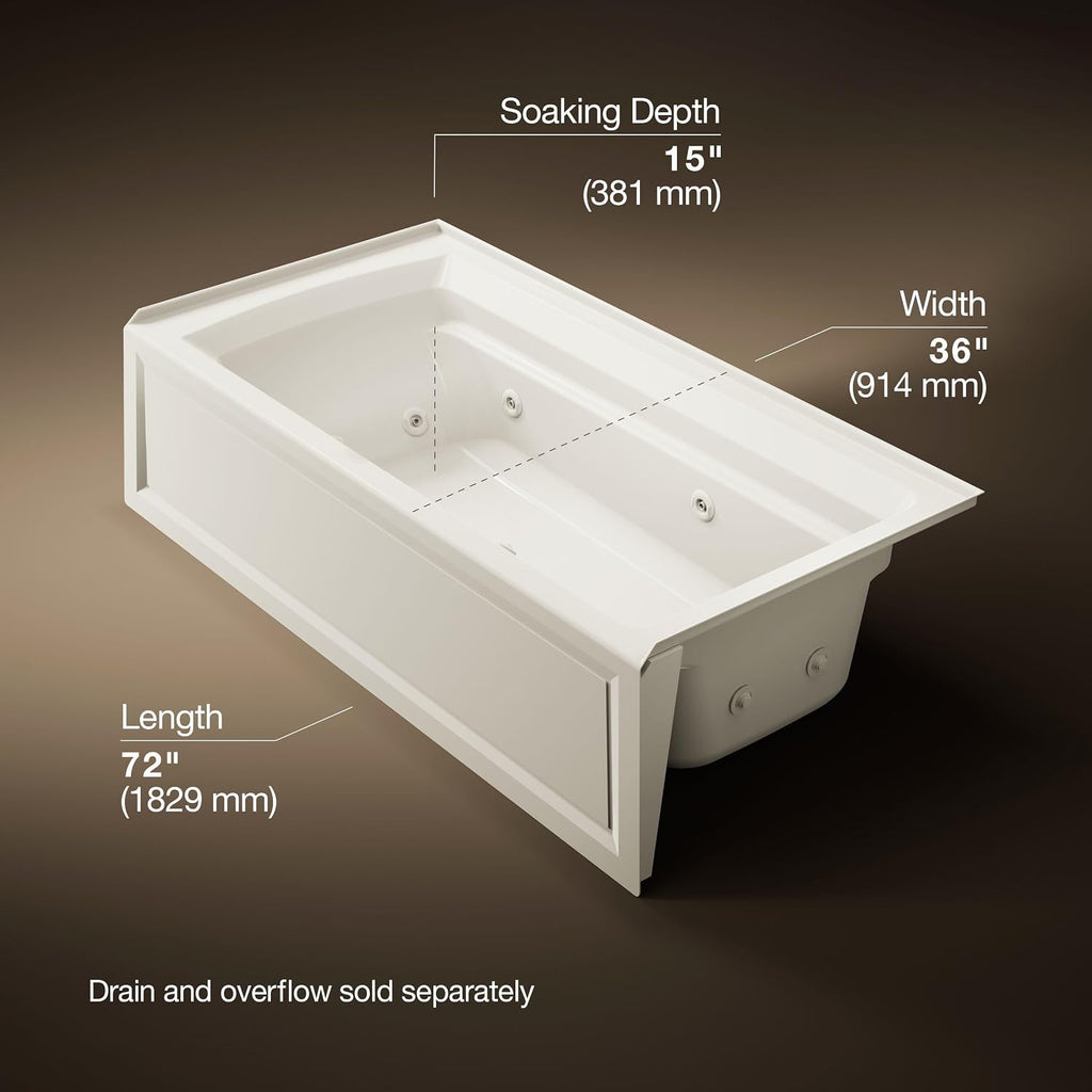 Kohler K-1124-HR-96 Archer 6Ft Whirlpool with Comfort Depth Design, Integral Apron, Right-Hand Drain and Heat, Biscuit
