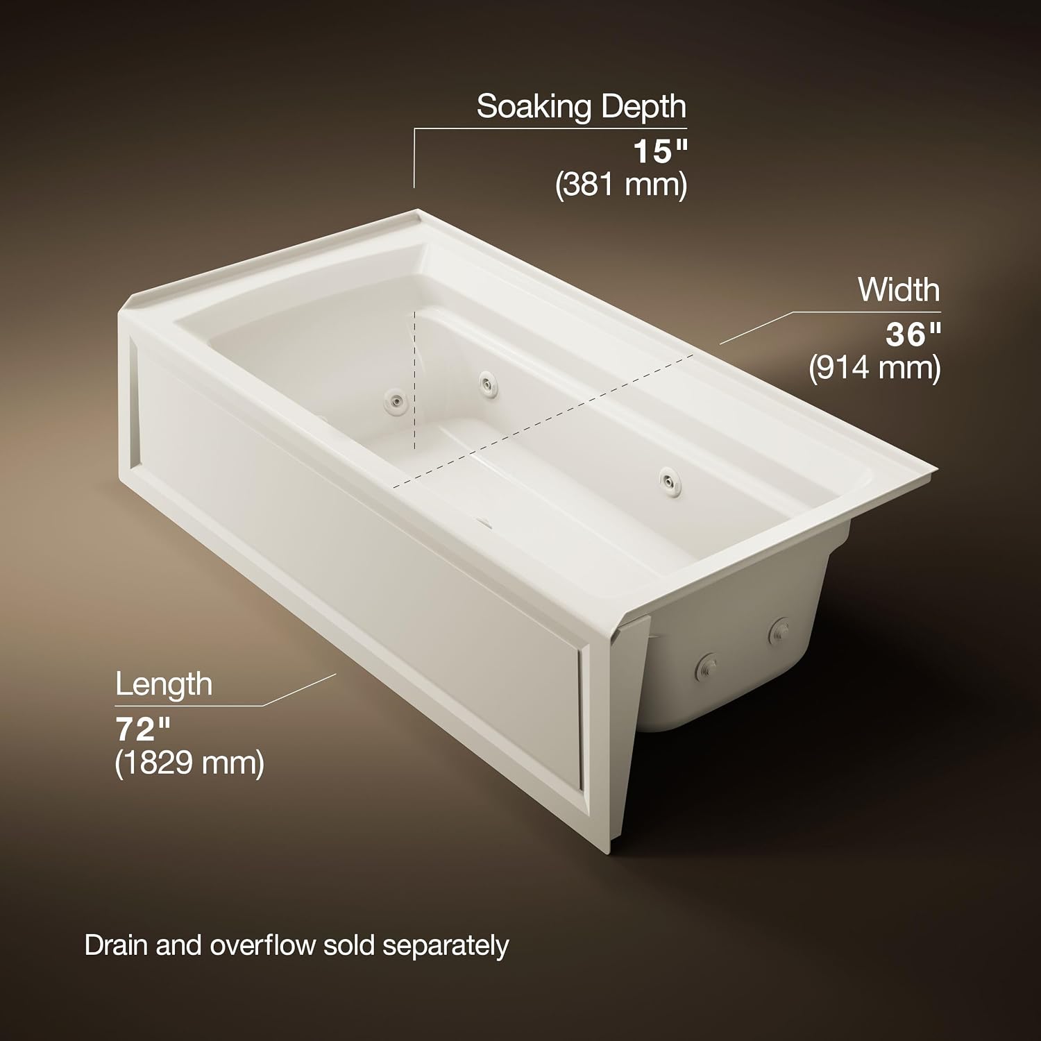 Kohler K-1124-HR-96 Archer 6Ft Whirlpool with Comfort Depth Design, Integral Apron, Right-Hand Drain and Heat, Biscuit