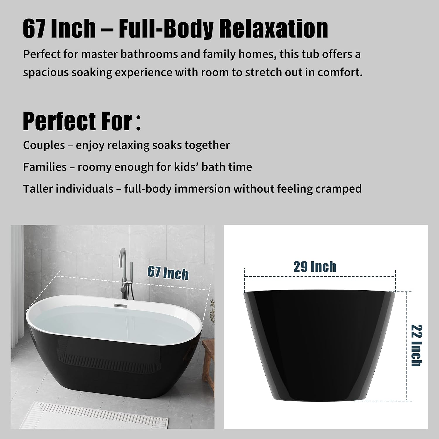 GarveeTech 67' Acrylic Freestanding Bathtub - Oval Soaking Tub with Chrome Drain, Stand alone Bathtub for Bathroom Spa, Black Outside White Inside