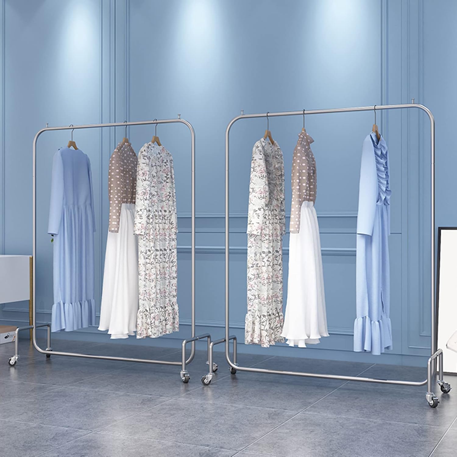 Heavy duty Garment rack Silver Stainless Steel Clothing Rack On Wheels Heavy Duty Clothes Rails For Bedrooms And Laundry Rooms Freestanding Hanger Single Rod Coat Rack Stand Holds 100 Kg ( 120X40X150