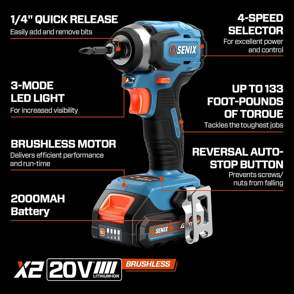 SENIX X2 20 Volt Max* 1/4-Inch Cordless Impact Driver, 4-Speed Battery Screwdriver, Brushless Motor, LED Light, 130 Foot-Pounds of Max Torque, Includes Soft Bag, 2.0 Ah Battery & Charger (PDIX2-M2)
