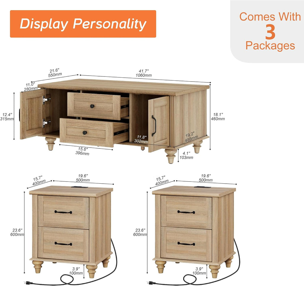WAMPAT 3 Pieces Living Room Table Set, Set of 2 Nightstands Side Tables with Charging Station, One Rectangle Coffee Table with Storage Cabinet & Drawer, Oak