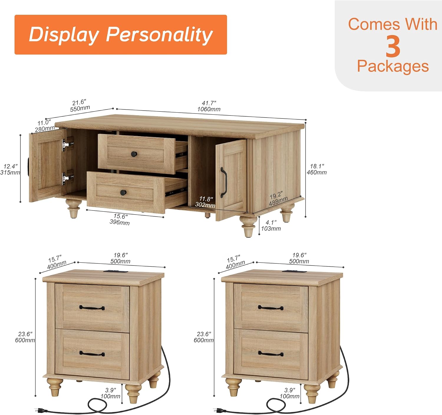 WAMPAT 3 Pieces Living Room Table Set, Set of 2 Nightstands Side Tables with Charging Station, One Rectangle Coffee Table with Storage Cabinet & Drawer, Oak