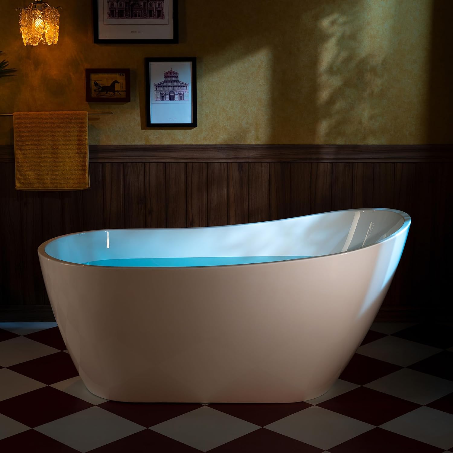 WOODBRIDGE 59' Acrylic Freestanding Bathtub Contemporary Soaking White Tub with Chrome Overflow and Drain,White