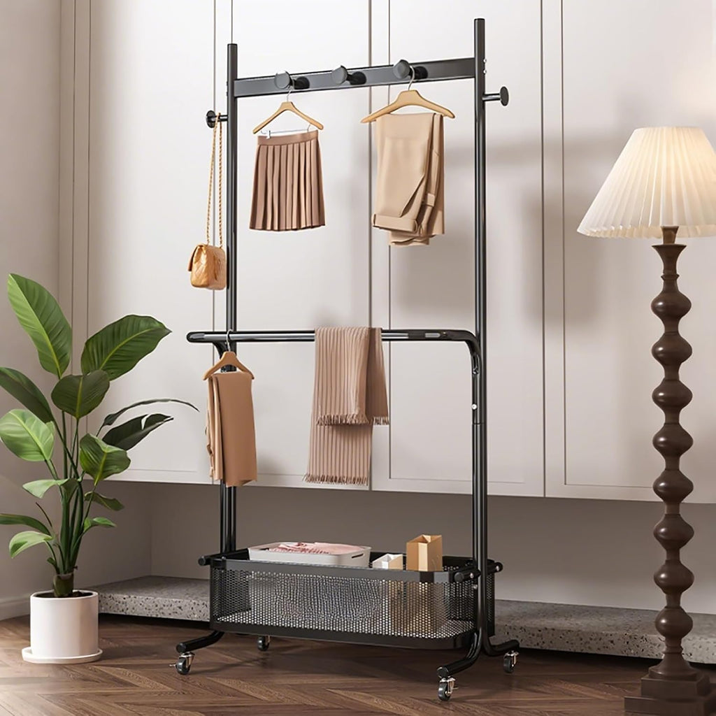 Clothes Racks For Hanging Clothes With Wheels,Garment Rack With Storage Shelves And Coat/Hat Hooks,Freestanding Rolling Clothing Organizer For Bedroom Living Room(White,60cm(23.6in))