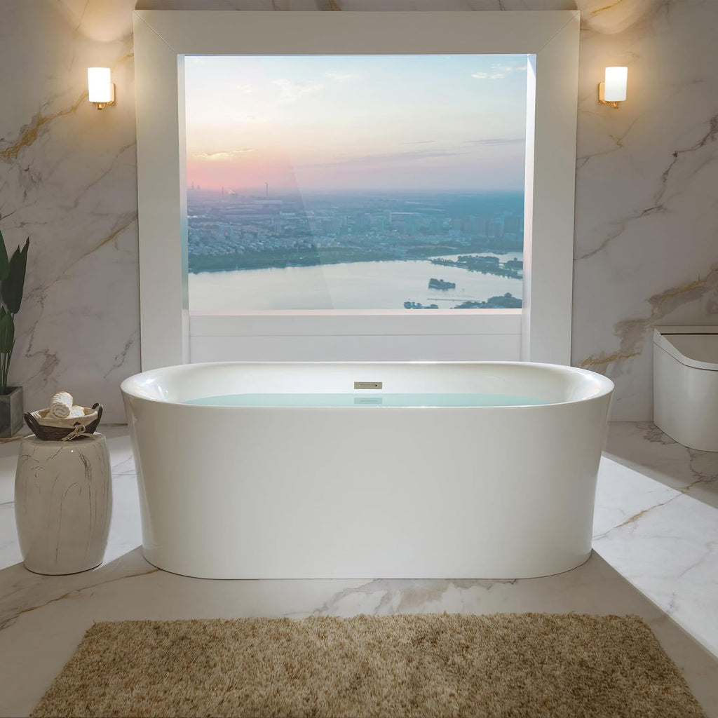 WOODBRIDGE 67' Acrylic Freestanding Bathtub Contemporary Soaking Tub with Brushed Nickel Overflow and Drain,White Tub,B0057-BN