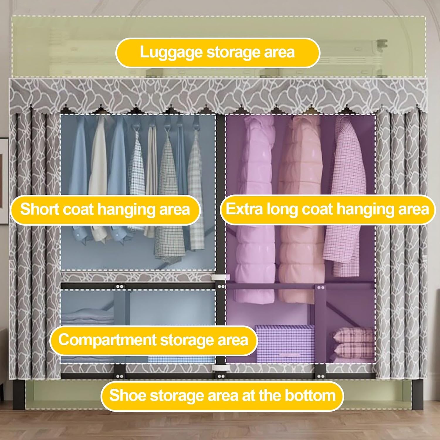 Foldable Wardrobe Closet For Hanging Clothing, Heavy Duty Clothes Rack With Cover, Metal Garment Rack, Covered Coat Armoire Storage For Bedroom(D,139X50X170cm)
