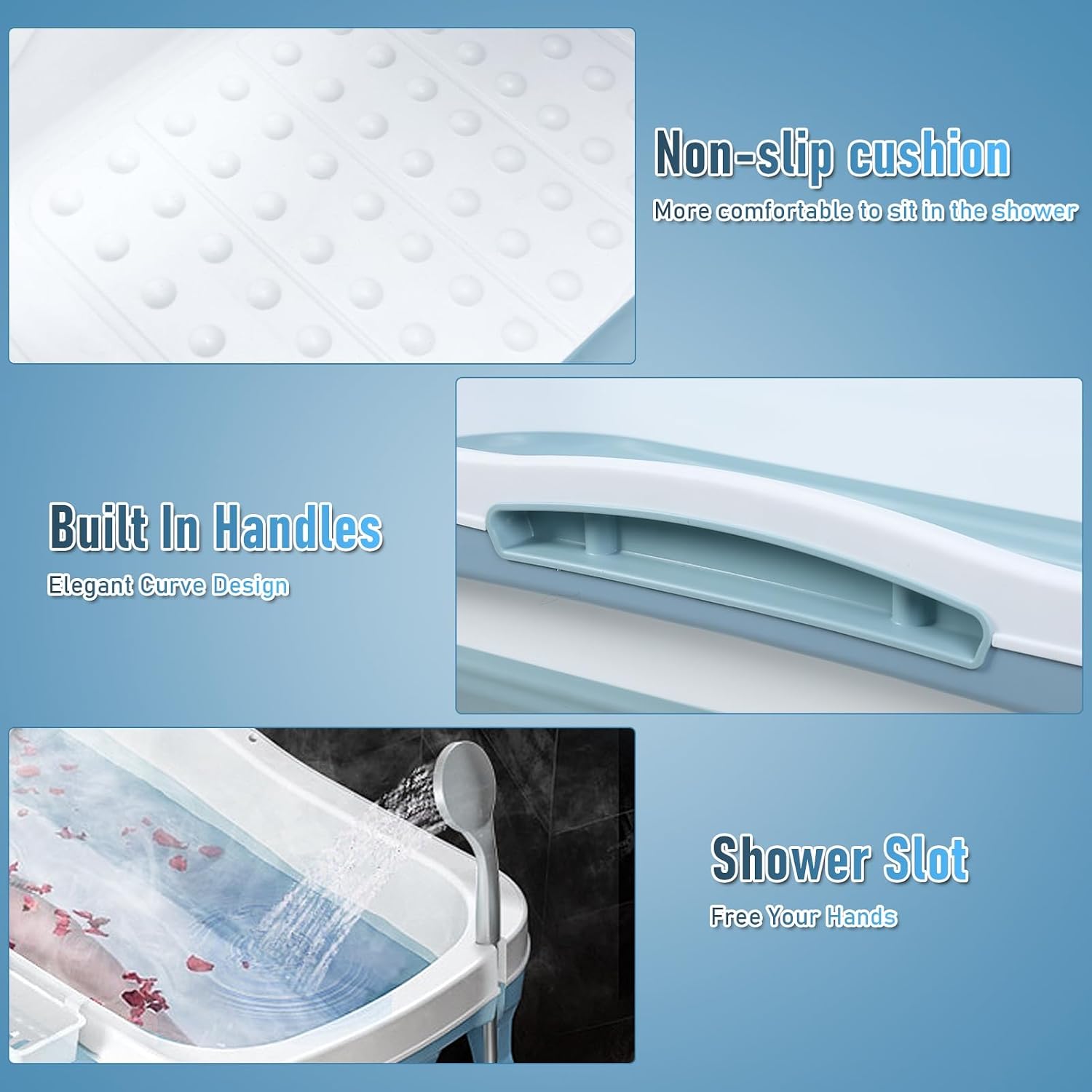 Portable Bathtub Portable Tub for Adults, 56' Foldable Bathtub for Adults Free Standing Tub for Shower, Ice Bath, Sitz Bath, Freestanding Bathtubs with Neck Pillow Blue