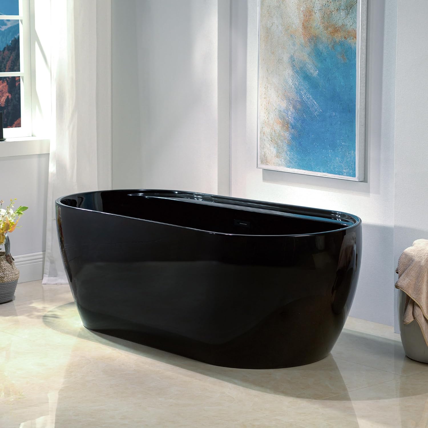 WOODBRIDGE 67' L x 31-1/2' W Freestanding Contemporary Acrylic Soaking Bathtub in Glossy Black Inside and Outside with Matte Black Drain & Overflow,B8863-MB