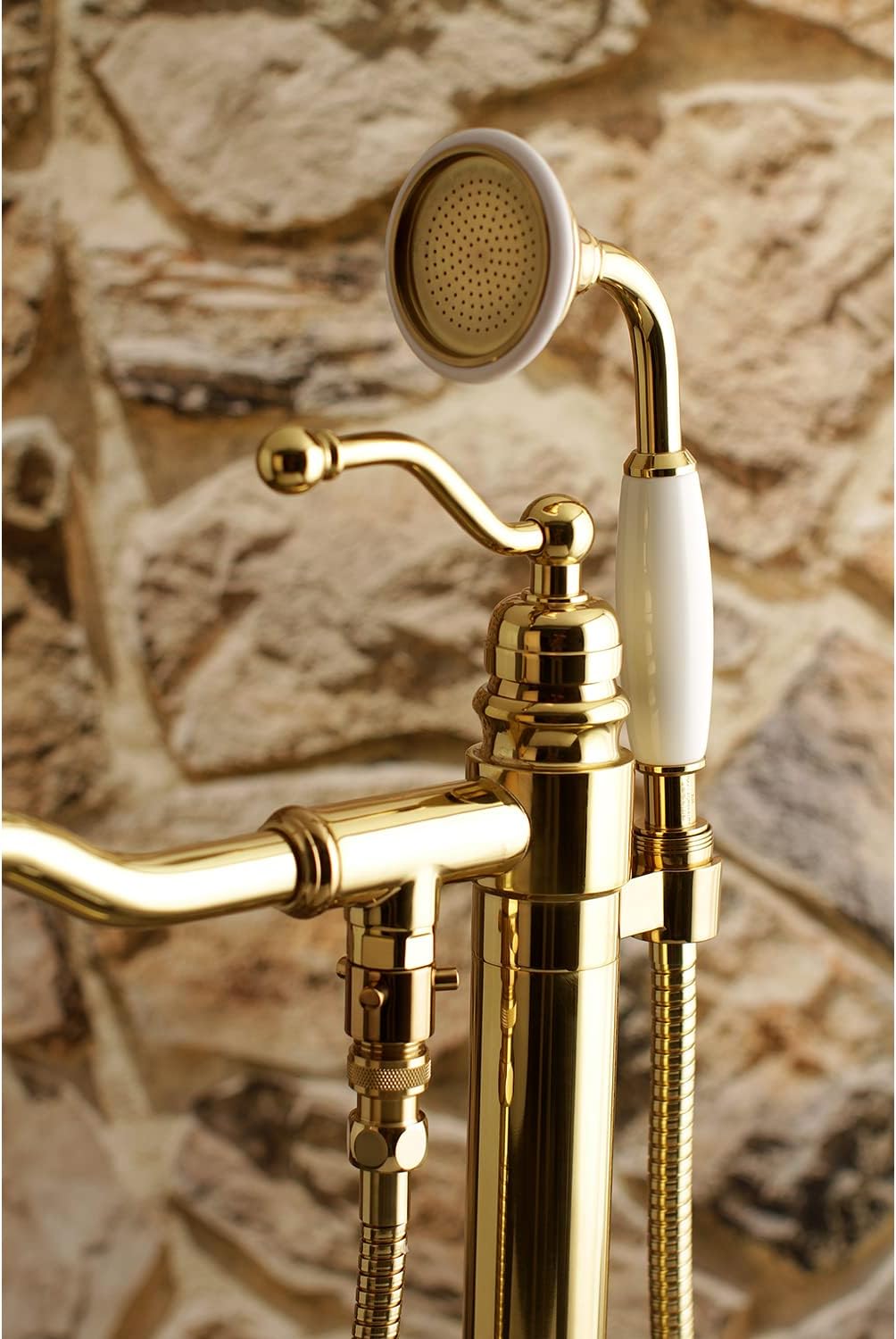 Kingston Brass KS7132ABL English Country Freestanding Tub Faucet with Hand Shower, Polished Brass
