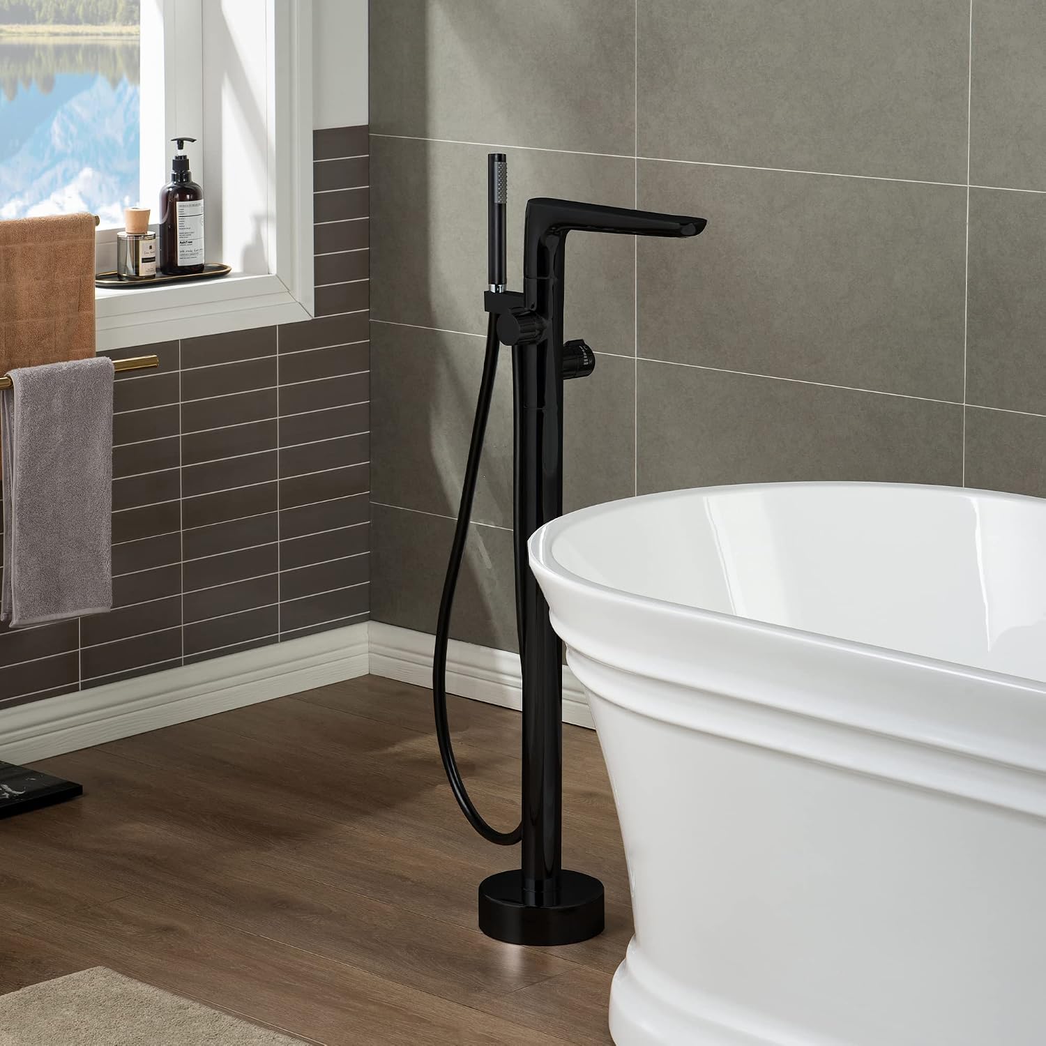 WOODBRIDGE F0015BL Contemporary Single Handle Floor Mount Freestanding Tub Filler Faucet with Hand shower in Matte Black Finish.