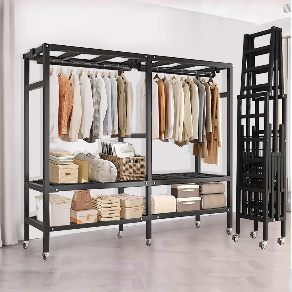 Bedroom Wardrobe - Portable Closet With Cover, Foldable Wardrobe With Universal Wheel Garment Rack, Load 1500 Lbs, For Bedroom Living Room Off, With 2 Hanging Rods And 4 Storage Shelves ( Size : 150x5