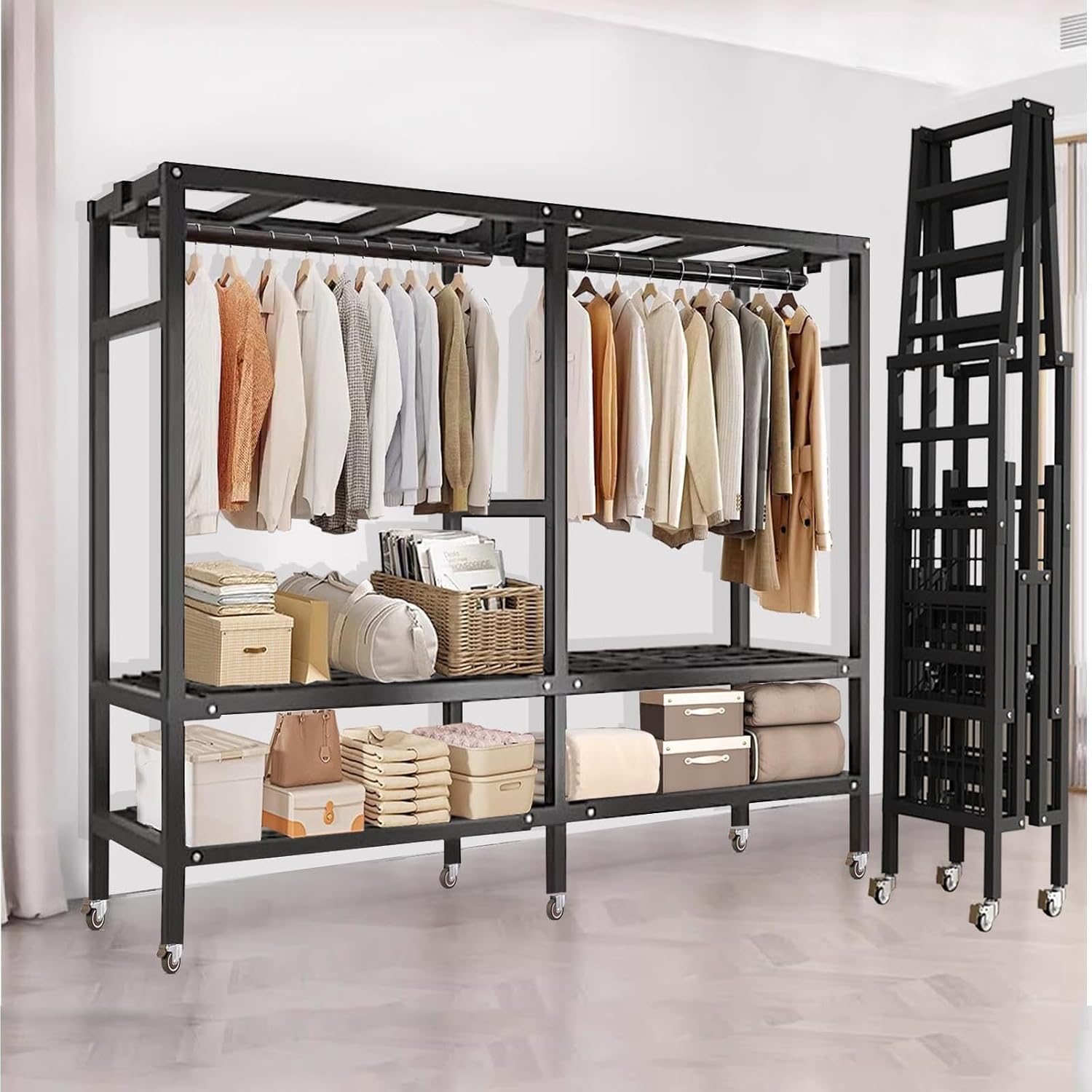 Bedroom Wardrobe - Portable Closet With Cover, Foldable Wardrobe With Universal Wheel Garment Rack, Load 1500 Lbs, For Bedroom Living Room Off, With 2 Hanging Rods And 4 Storage Shelves ( Size : 150x5
