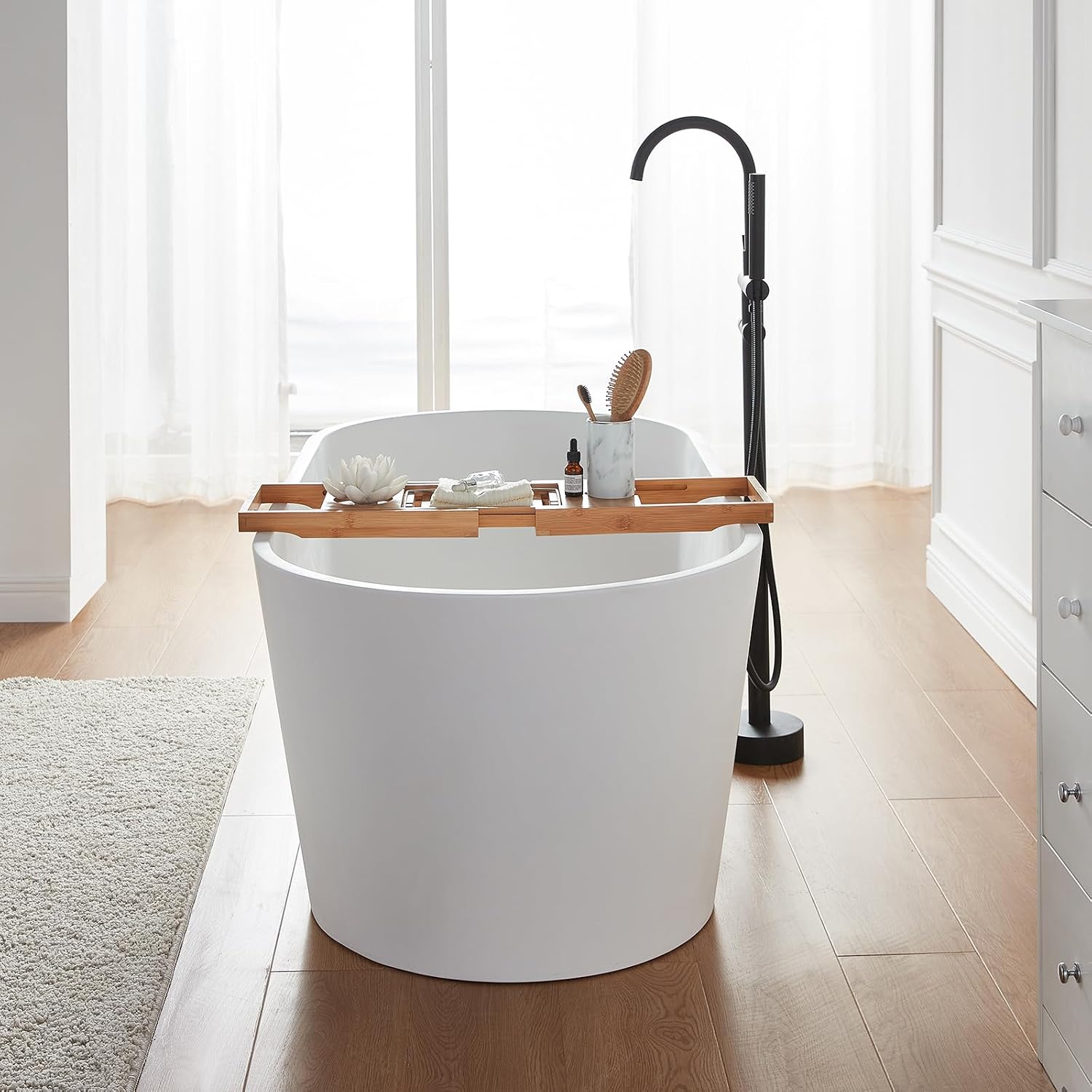 Cpingao 67' Solid Surface Freestanding Bathtub, Modern Oval Stone Resin Stand Alone Soaking Tub with Drain & Overflow, Matte White 8816-1700