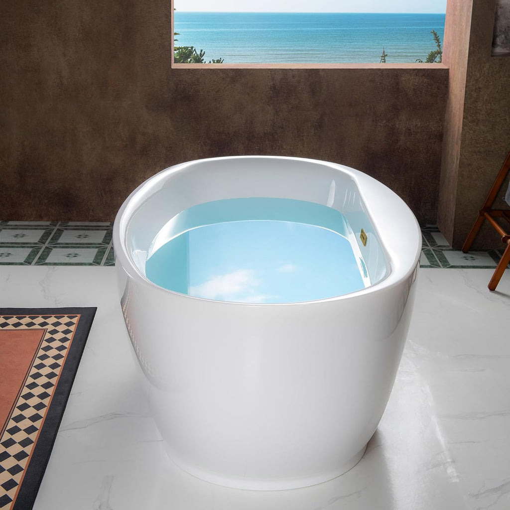 WOODBRIDGE 66' Acrylic Freestanding Bathtub Contemporary Soaking White Tub with Brushed Gold Overflow and Drain，B0027-BG