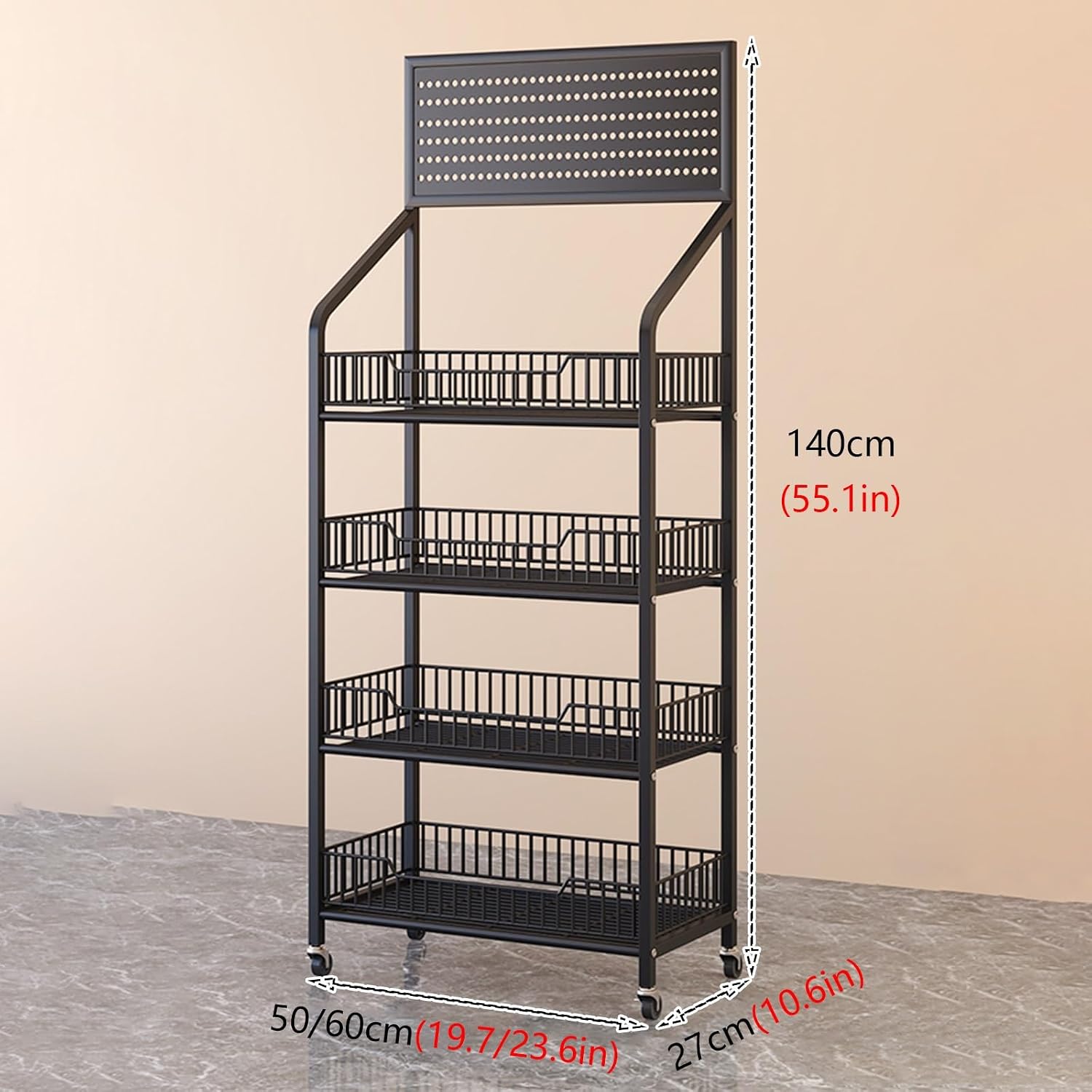 Metal Wire Basket Cart with Rolling Wheels, Black 4 Tier Utility Rack for Kitchen, Pantry, Garage, Dorm, Vegetable Organizer Produce Snacks Shelf wit(50x27x140cm/19.7x10.6x55in