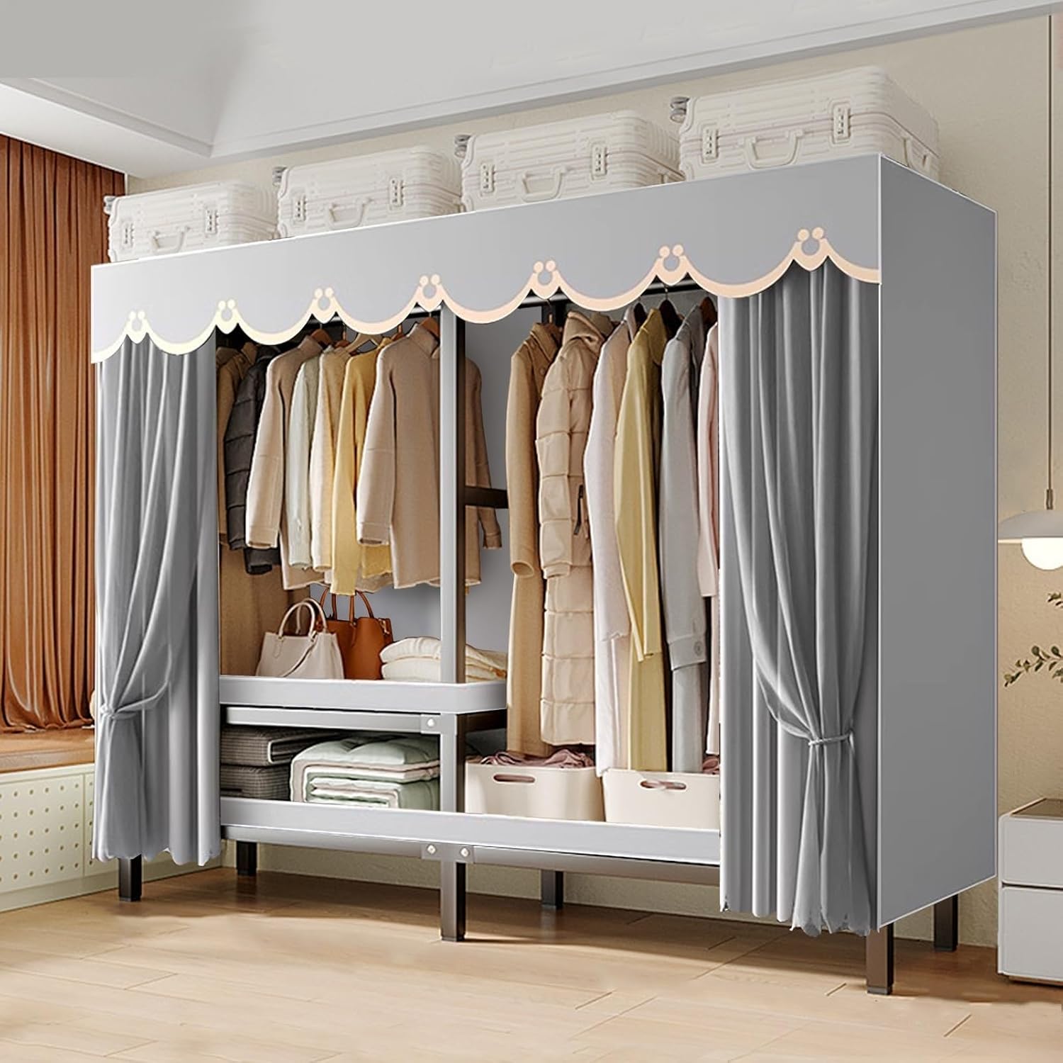 Foldable Wheeled Clothes Rack - Portable Heavy Duty Wardrobe Closet, Load 2000lbs/With Cover Bedroom Armoires Freestanding Clothing Coat Storage Rack Rolling Garment Rack For Hanging Clothes ( Size :