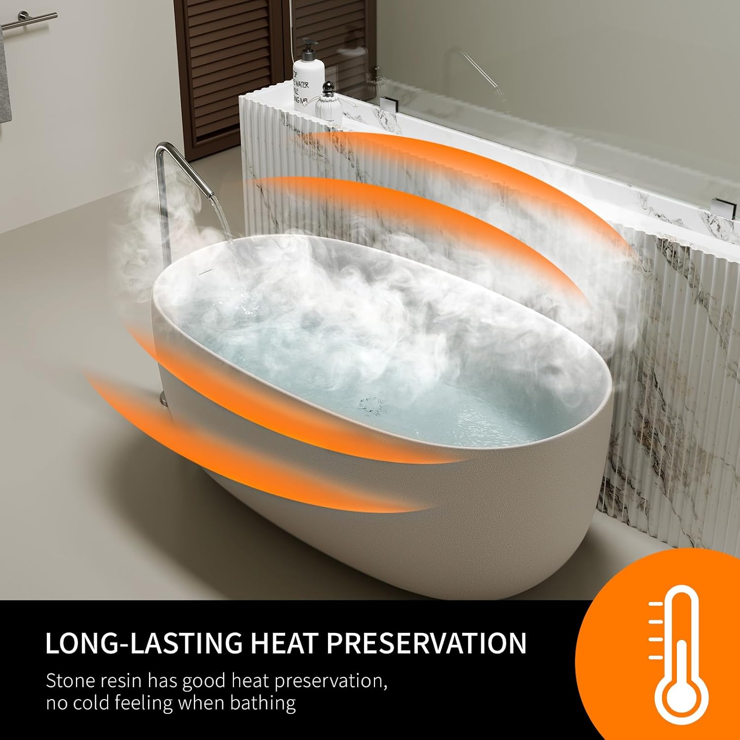 47' Stone Resin Freestanding Soaking Bathtub – Solid Surface Oval Tub for Small Bathroom, Modern Stand Alone Deep Soaking Tub with Slotted Overflow and Drain, Beige