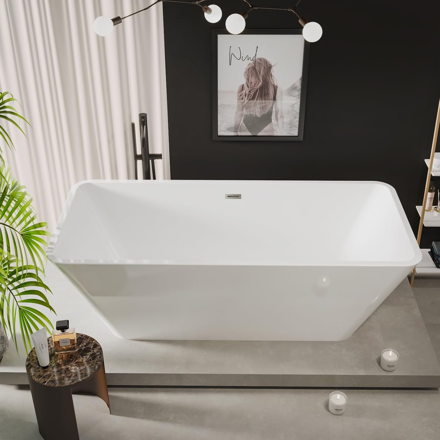 GarveeTech 59' Acrylic Freestanding Bathtub,Contemporary Square Shape Soaking Tub With Chrome Drain and Minimalist Linear Design Overflow, Easy to Install,Cupc Certified,Glossy White