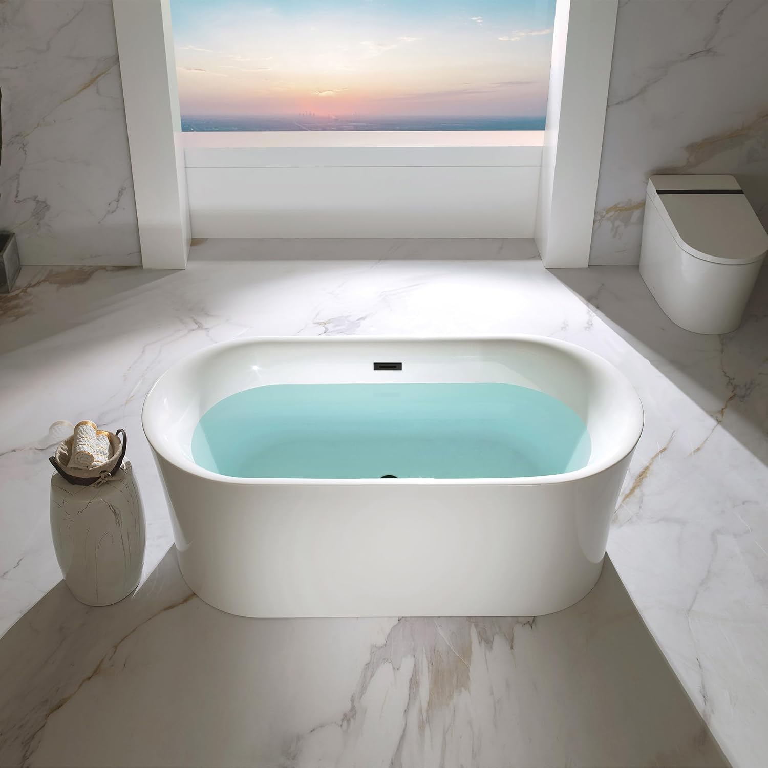 WOODBRIDGE 59' Acrylic Freestanding Bathtub Contemporary Soaking Tub with Matte Black Overflow and Drain,White Tub,B0058-MB