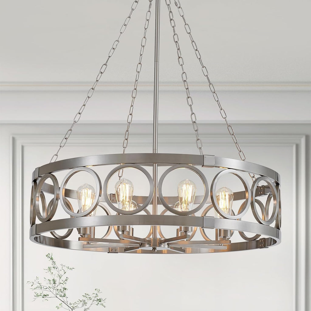 XINGQI 32.3' Large Brushed Nickel Drum Chandelier Modern 8-Light Rustic Farmhouse Round Pendant Lighting Fixture for Dining Room Living Room Office Kitchen Island