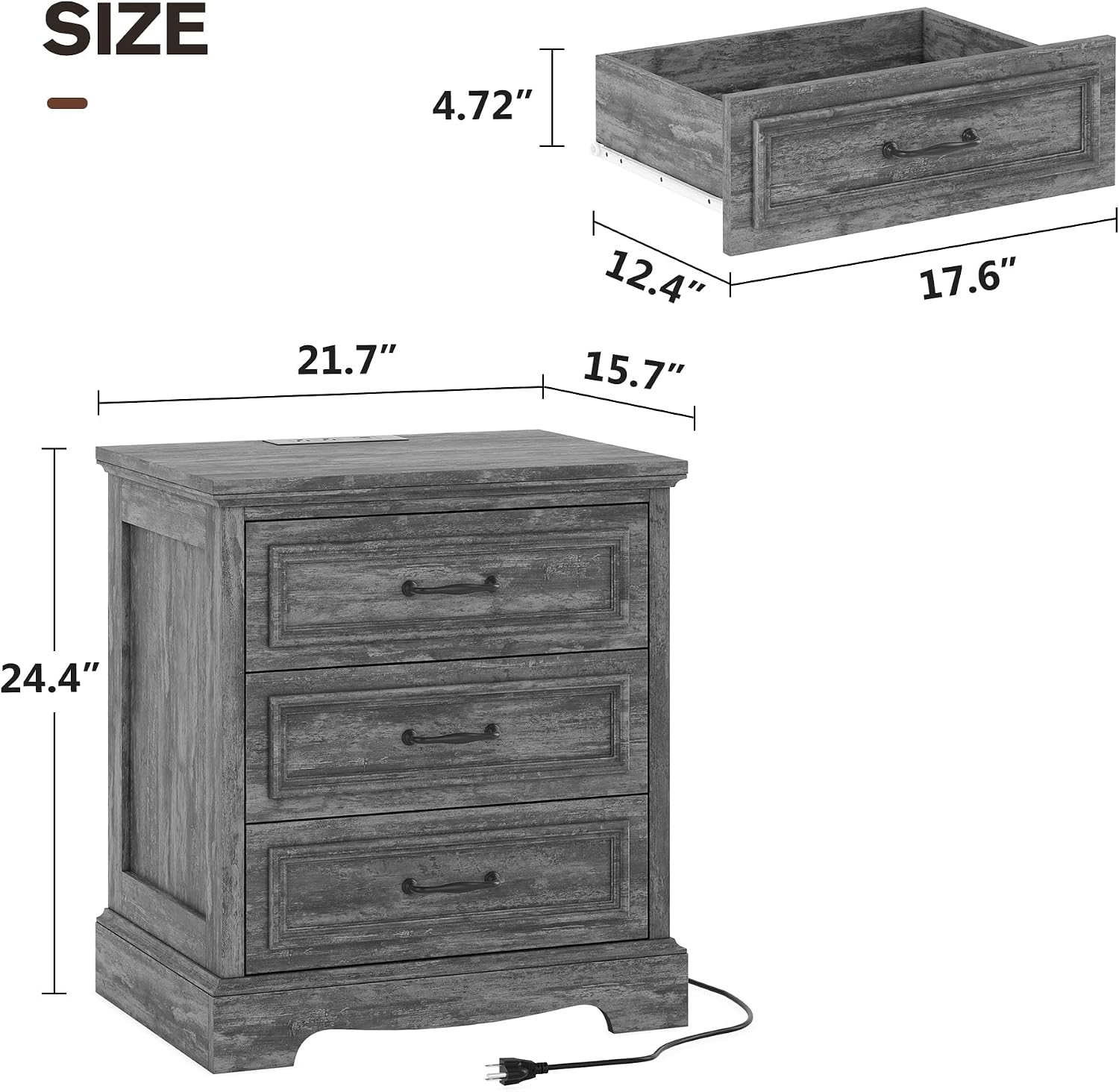 Farmhouse 3 Drawers Dresser with Charging Station, Nightstand Bedside for Bedroom, Wood Small End Table for Living Room Dresser Chest of Drawers for Hallway Closet Dorm (1, Dark Grey)
