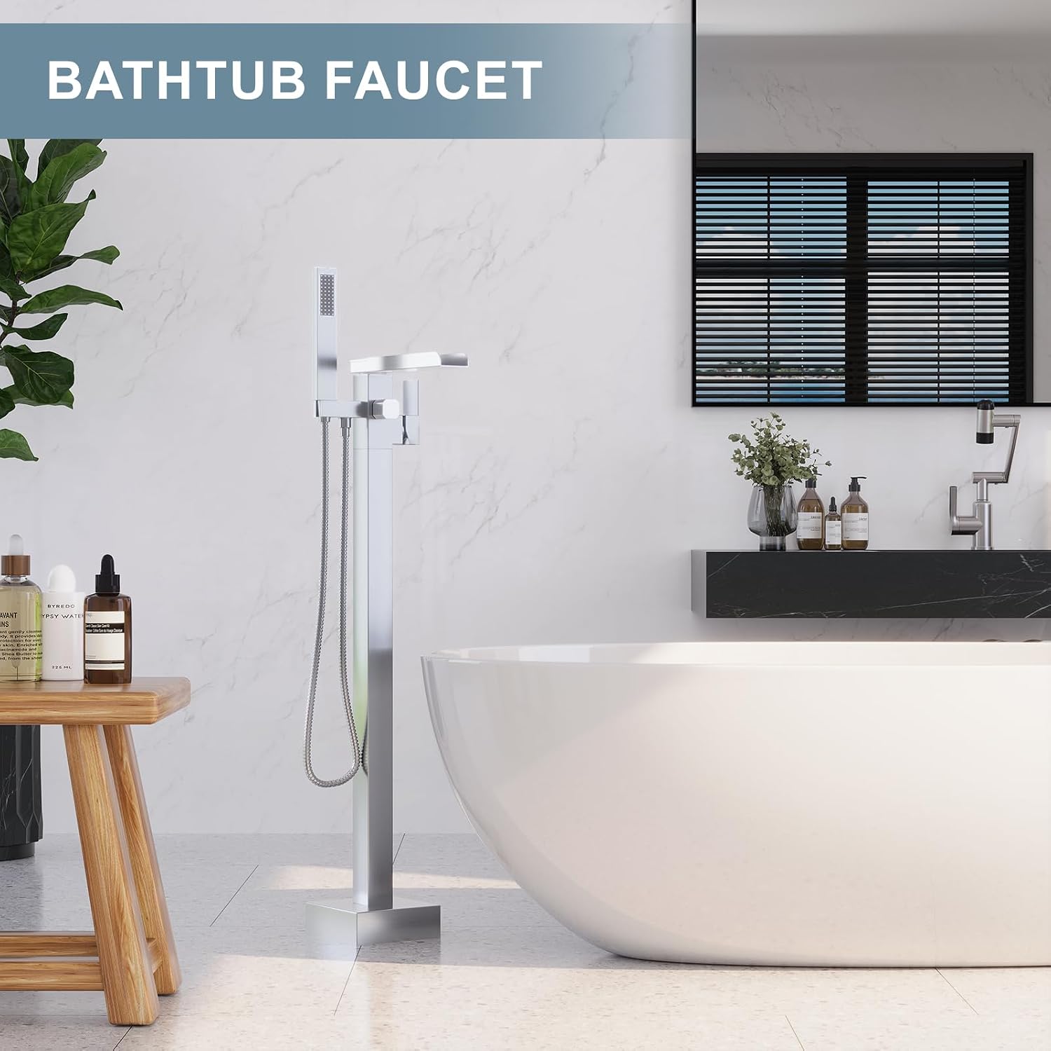 HAWKROWN Freestanding Bathtub Faucet, Floor Mount Bathtub Faucet with 2 Water Outlet Modes, Swivel Gooseneck Spout with Hand Shower,Single Handle, Max Flow Rate 7.4 GPM (Waterfall-Brushed Nickel)