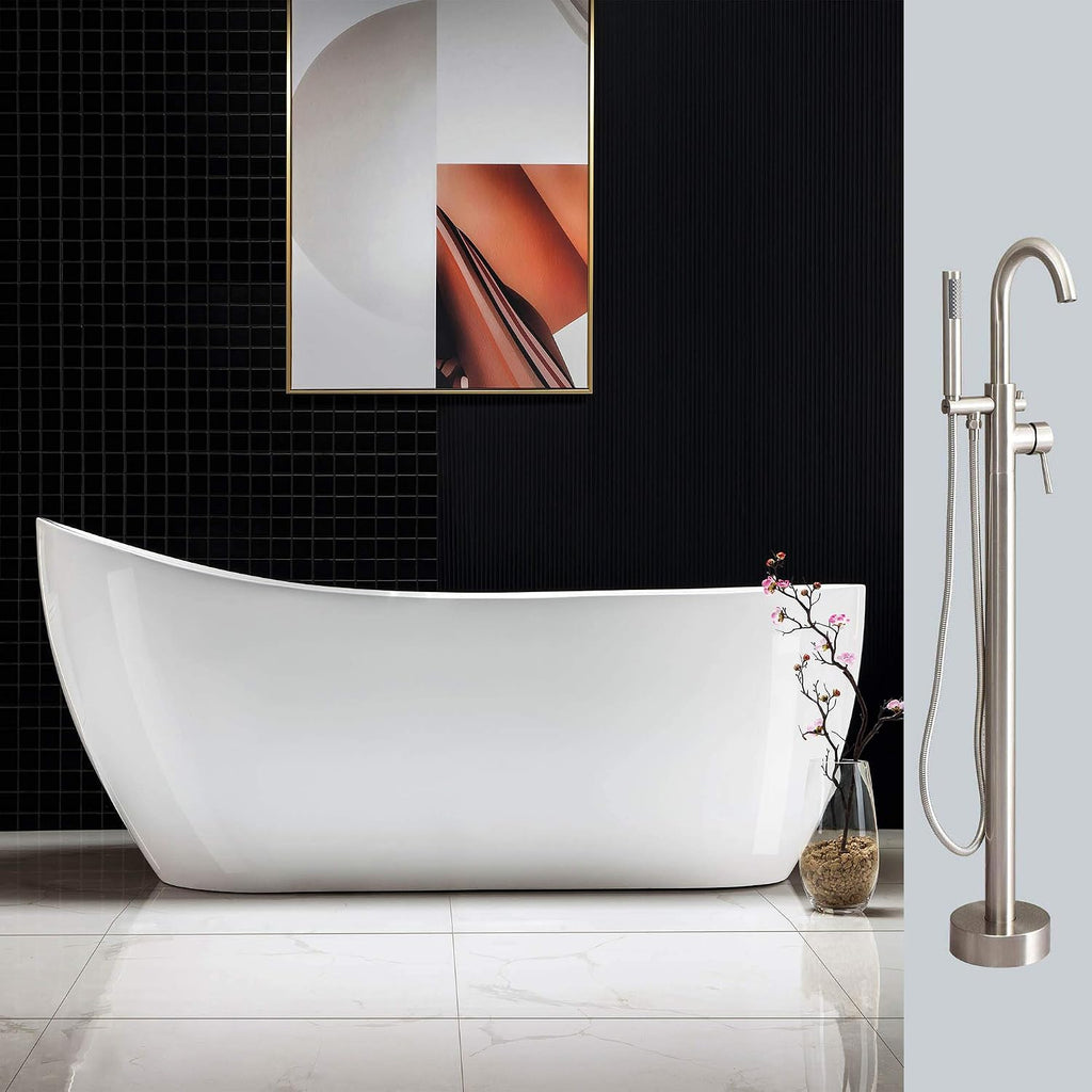 WOODBRIDGE BTA1508 BN 67' Acrylic Freestanding Bathtub Contemporary Soaking Tub Overflow and Drain BTA1508-B,with Brushed Nickel Faucet F0001, White (BTA1508 BN+F0001)