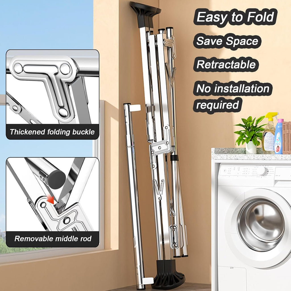 Upgraded Free Standing Clothes Rack Retractable, Foldable Drying Clothes Rack Heavy Duty Collapsible Garment Rack, 3 Poles Cloth Drying Rack with 20 Hooks and 12 Clips,1.1~1.6m (3.6ft~5.2ft)