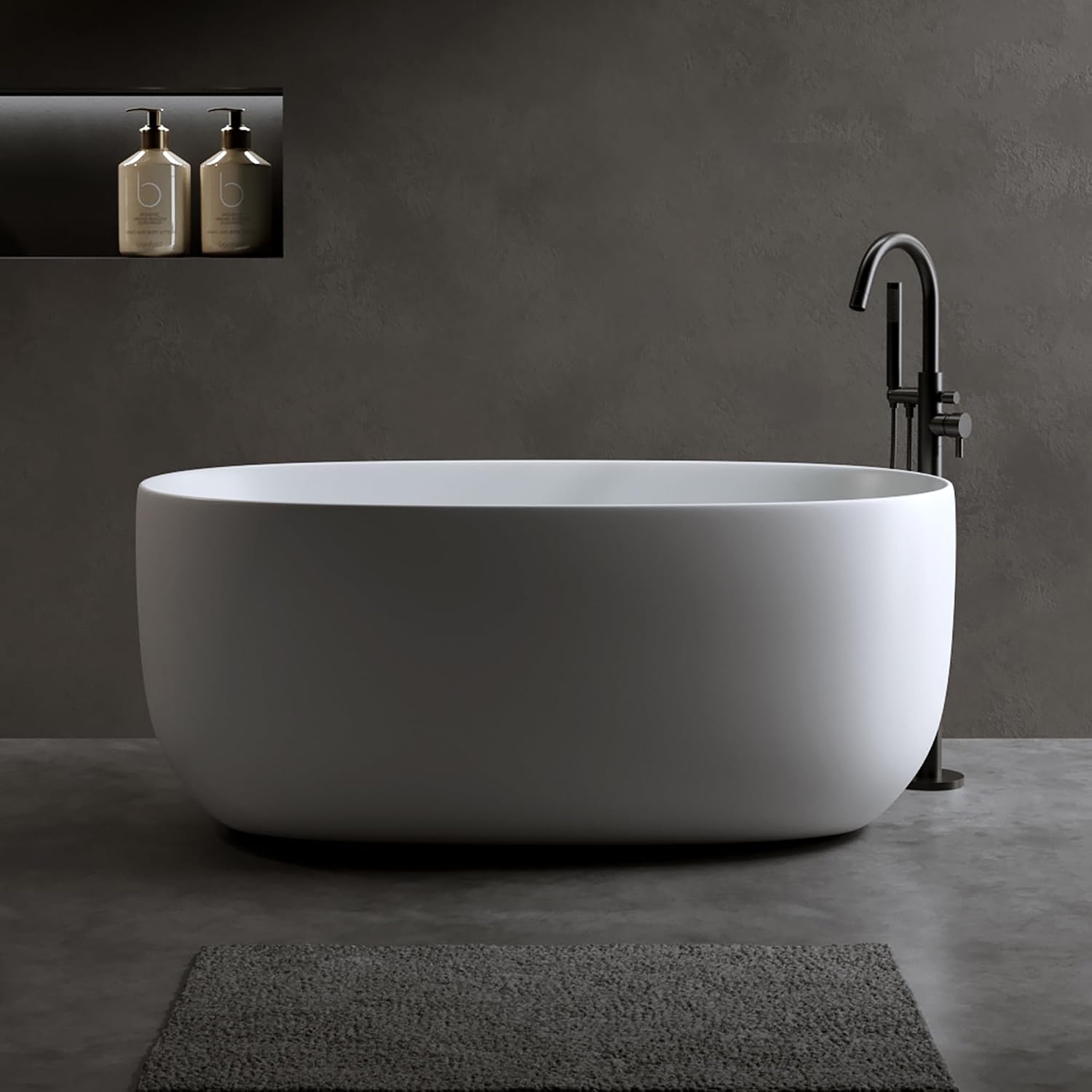 Favfurish 47' Freestanding Stone Resin Bathtub,Oval Shape Contemporary Soaking Tub w/Pop-Up Drain & Overflow, Compact Design for Small Spaces, Matte White